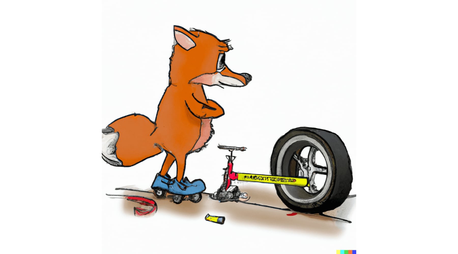 un renard qui mesure un pneu  de trottinette électrique style cartoon