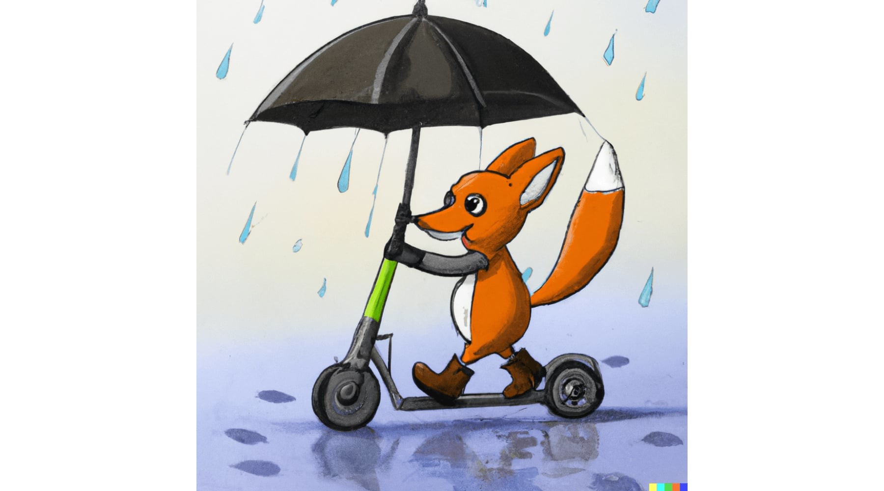 un renard sur une trottinette électrique sous la pluie avec un parapluie style cartoon